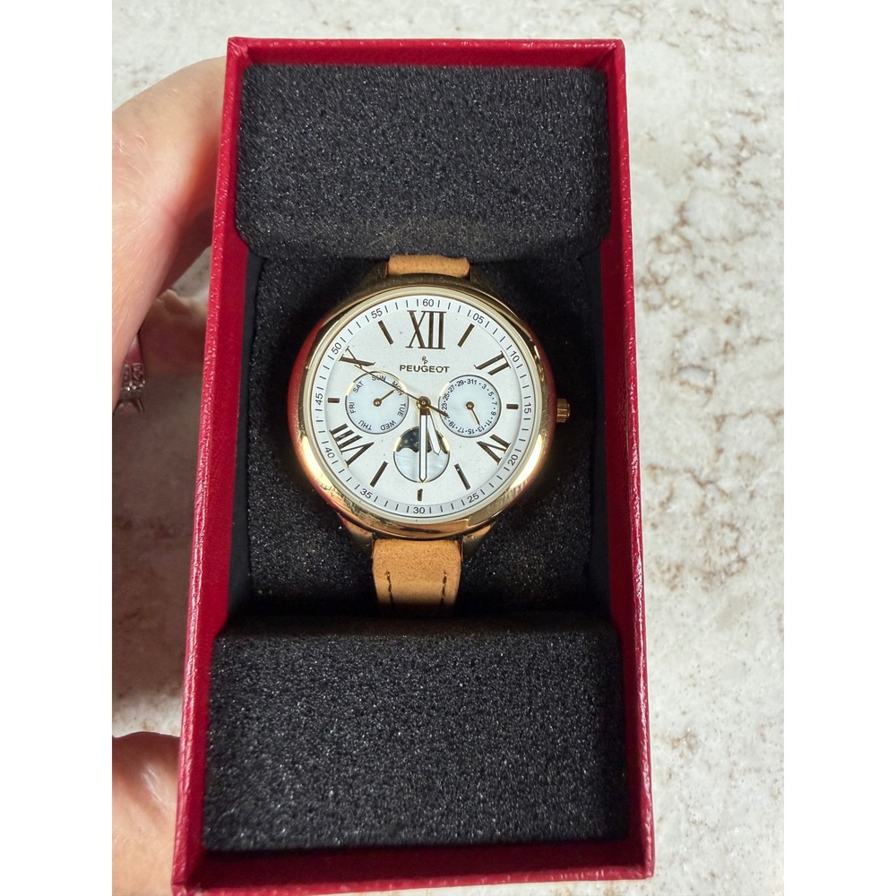 Peugeot Mens Gold Tone Multi Function Moon Phase Watch White Dial Tan Leather